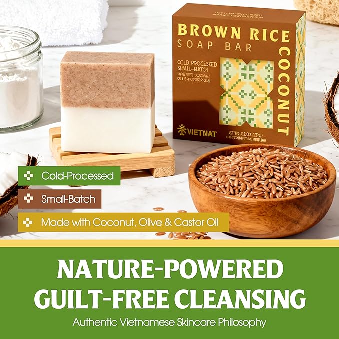 Brown Rice & Coconut Soap Bar (Pack of 3) – 2-in-1 Exfoliating & Nourishing, Cold Process Handmade Soap with Rice Bran & Coconut Milk, Gentle Daily Body Bar
