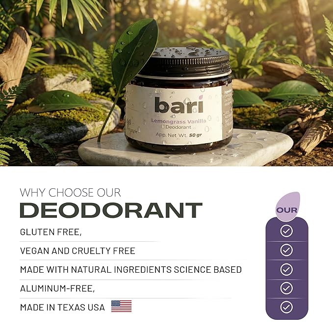 Bari Lemongrass Vanilla Deodorant – 50g Natural Aluminum-Free Deodorant for Long-Lasting Freshness, Sensitive Skin Friendly, Vegan & Cruelty-Free Personal Care