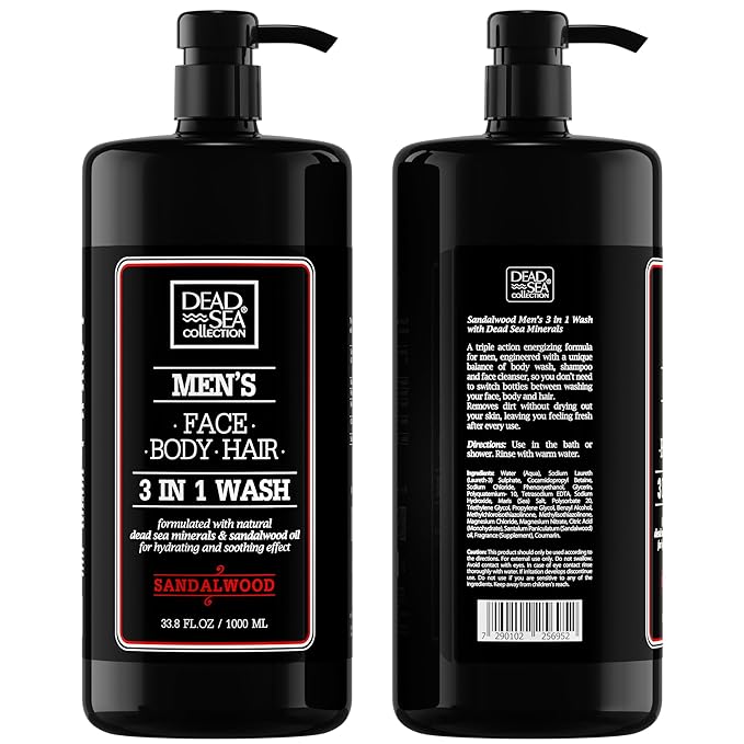 Dead Sea Collection Mens Body Wash 3 in 1 – Sandalwood Body Wash for Men – Shower Gel – Shampoo – Shower Soap for Face and Hair – Pack of 2 Bottles (33.8 Fl. Oz. Each)