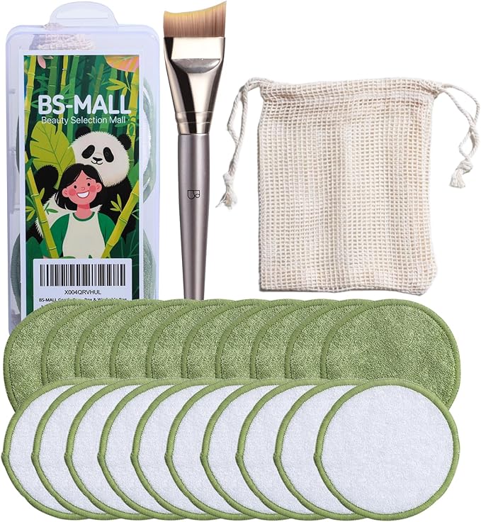BS-MALL Cotton Rounds Bamboo Fiber for Face & Gentle Reusable Eye Makeup Remover Pads 20 Pcs, Facial Mask Brush & Foundation Brush- Travel-Friendly Skincare Set with Storage Box & Washable Bag