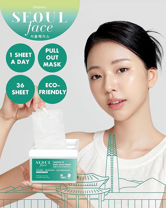 DERMAL Seoul Face Tea Tree & Heartleaf Daily Sheet Mask, 36 Count Pull-Out Dispenser Box with Tweezers, Calming Care for Redness-Prone Oily Skin, Lactobacillus Ferment, Vegan Tencel