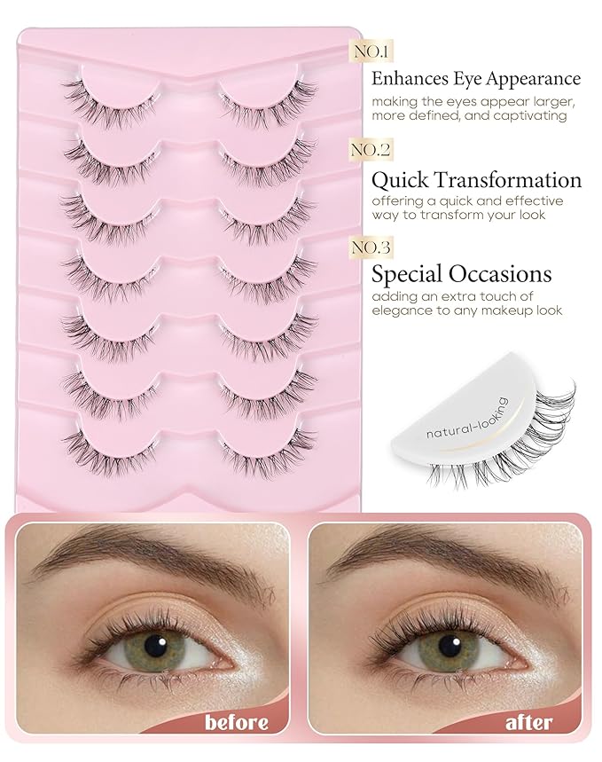 Onlyall Short Lashes Natural False Eyelashes 3/4 Small Lashes Fake Eyelashes Wispy Lashes Natural Lashes Clear Band Lashes 12mm Lashes H21