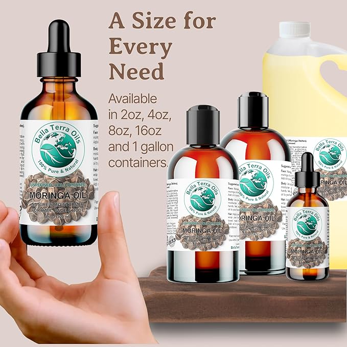 Bella Terra Oils - Organic Moringa Seed Oil 8 oz - Dive into the Essence of Organic Moringa, Rich in Unsaturated Fatty Acids, Elevate Your Skin's Softness and Glow