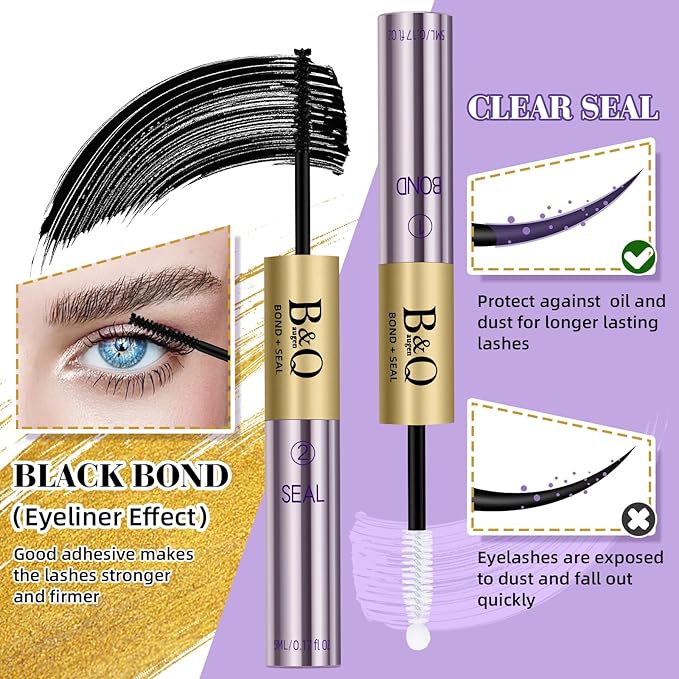 Lash Bond and Seal 10ML Cluster Lash Glue Bond and Seal Glue Waterproof Long Lasting Mascara Wand Lash Extension Bond and Seal Strong Hold 2 in 1 Bond and Seal ?Black Bond and Seal,10ML?
