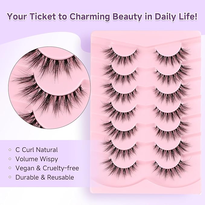 Lashes Wispy Cat Eyelashes Natural Look 15MM Cat Eye Lashes 3D Volume False Lashes with 0.1MM Thin Band C Curl Strip Lashes Pack Fake Eyelashes Wedding Lashes 7 Pair EVENTILL