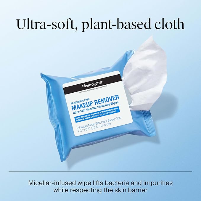 Neutrogena Fragrance-Free Makeup Remover Wipes, Daily Facial Cleanser Towelettes, Gently Removes Oil & Makeup, Alcohol-Free Makeup Wipes, Twin Pack, 2 x 25 ct