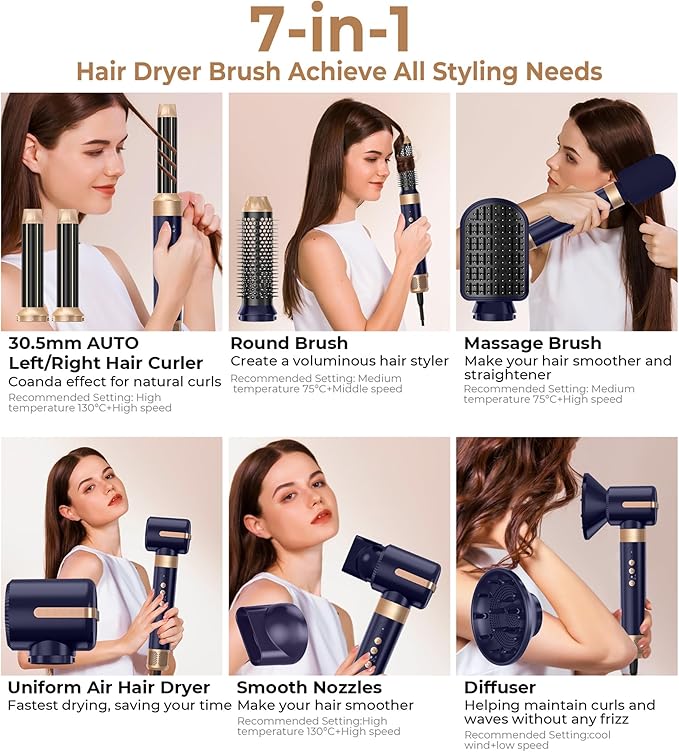 7 in ONE Hair Dryer Brush, Powerful Blow Dryer Brush with Auto- Wrap Curler, Detachable Fast Drying,Volumizing, Curling, Straightening, Ionic Hair Dryer with Diffuser, Hair Styling Tools 100-120V