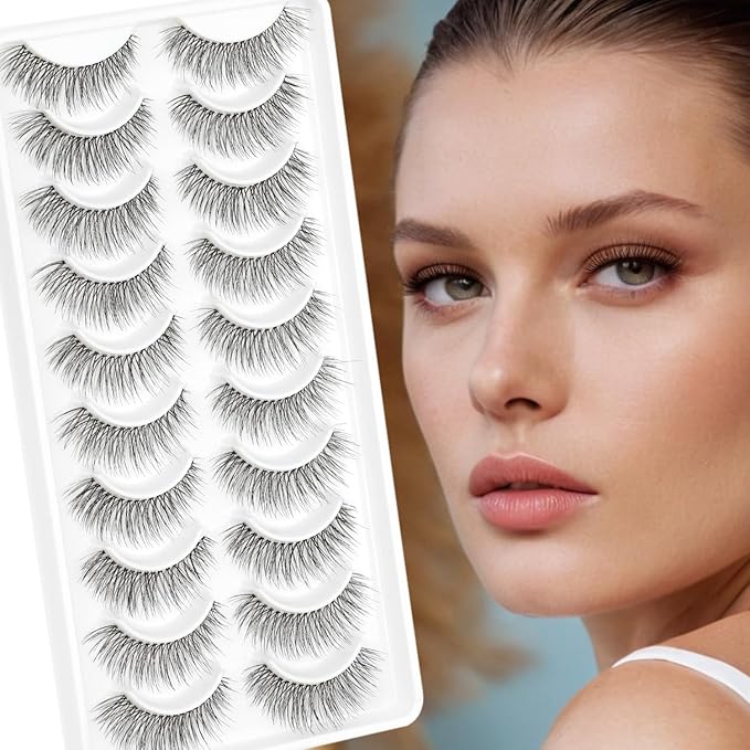 False Eyelashes Natural Lashes Wispy - 12mm Pestañas Postizas Naturales Cat Eye Reusable 10 Pairs Demi Wispies Short Fake Lashes Strips with 0.1mm Ultra Thin Clear Band by EMEDA (X42)