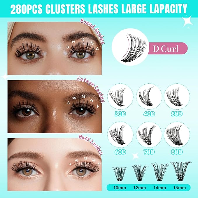Lash Clusters Wispy 280PCS Eyelash Extension 60D Cluster Lashes Individual Lashes DIY Lash Extension Natural Look Cluster Eyelash Extensions Soft False Eyelashes at Home for Beginners(12mm)