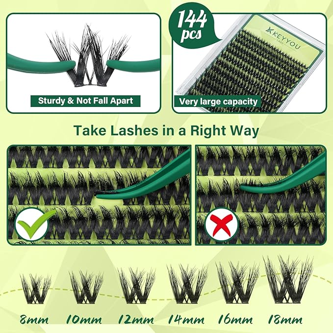KEYYOU Lash Clusters 3D Effect Eyelash Clusters 144pcs D Curl Wispy Lashes Cluster Lashes 8-18MIX Natural Soft DIY Lash Extension at Home(PuffSilk V3D01-D-8-18MIX)