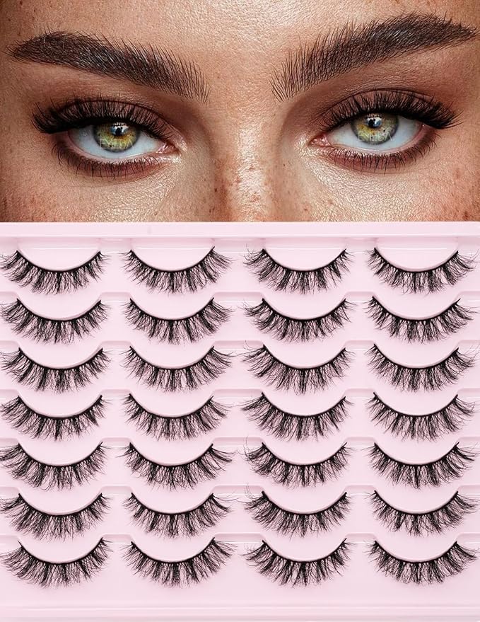 False Lashes Cateye Look Eyelashes - 14 Pairs 12mm Faux 3D Mink False Eyelashes Natural Looking Fluffy Cat Eye Wispy Strip Lashes Pack by EMEDA (ZR01）