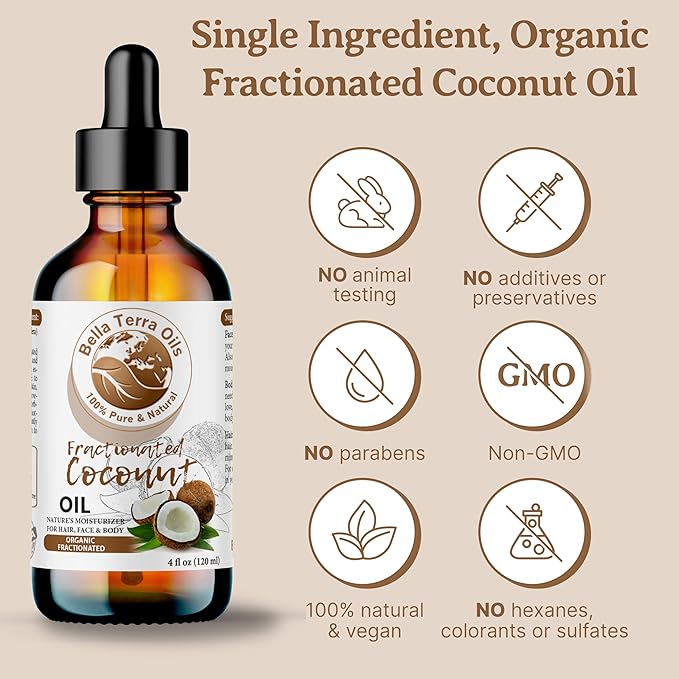 Bella Terra Oils - Organic Fractionated Coconut Oil 8oz - Celebrate the Coconut’s Liquid Gold, Infused with Antioxidants & Vitamins, A Precious Body Moisturizer