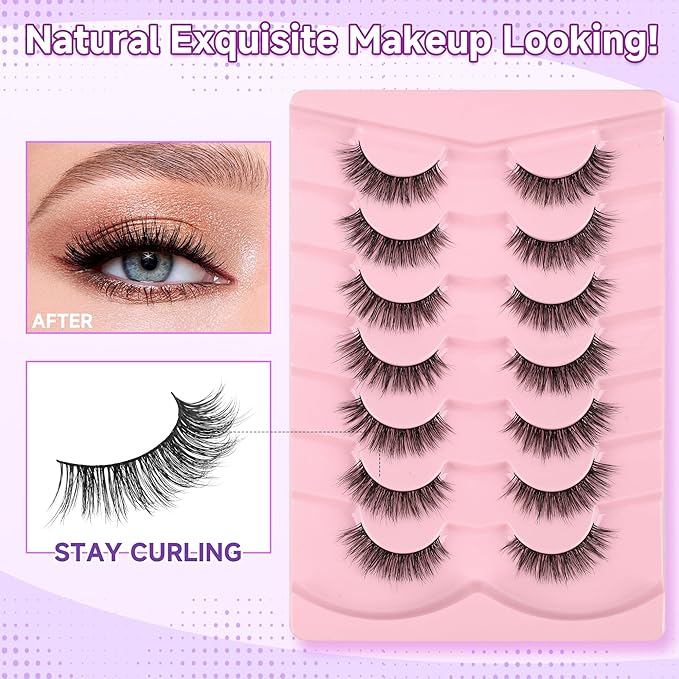 False Eyelashes Natural 13mm Wispy Lashes with Thin Band 3D Volume Soft Strip Lashes Pack C Curl Natural Eyelashes Fake Eyelashes 7 Pair