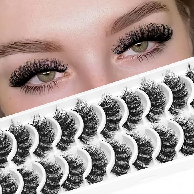 Ahrikiss Lashes Volume Faux Mink Eyelashes D Curl Fluffy False Lashes Russian Strip Lashes Lash Wispy 10 Pairs Cat Eye Lashes Pack(R2)