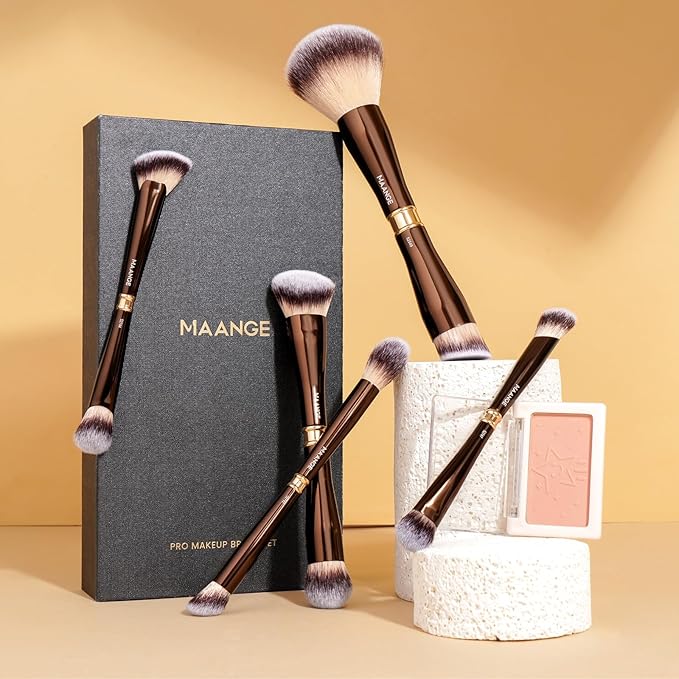 MAANGE Makeup Brush Set Double-ended Kabuki Makeup Brushes For Foundation Contour Liquid Powder Concealer Eye Shadows Cream Cosmetics Blending Blush Makeup Tools (Coffee Brown, 5 PCS)