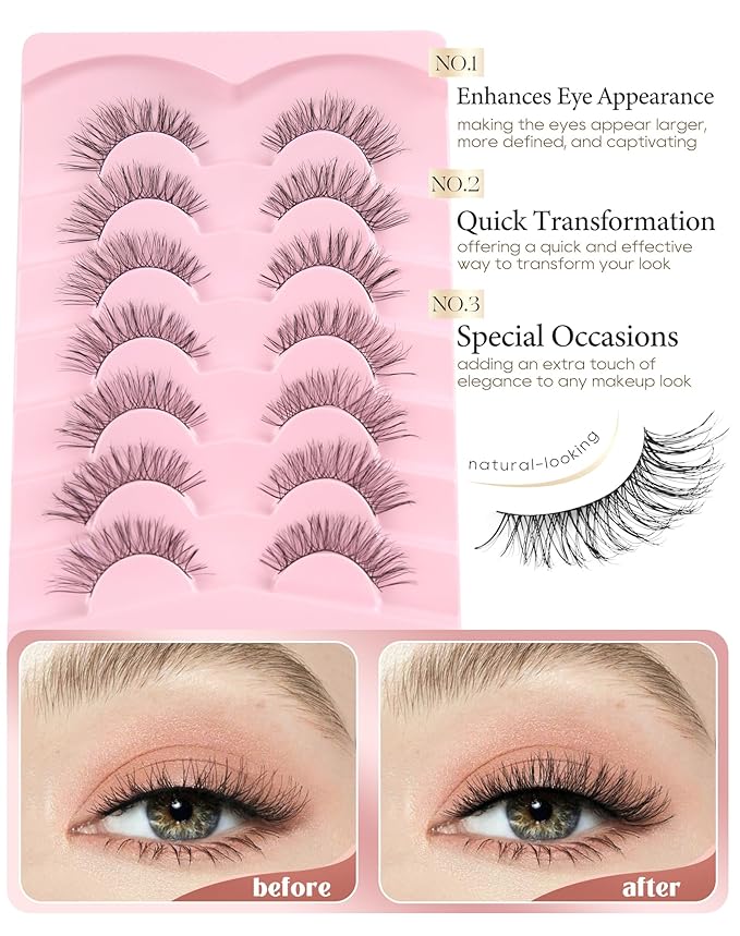 Onlyall Natural Lashes Wispy Lashes Natural Look False Eyelashes Natural Flared Eyelashes False Eye Lashes Soft Fluffy Lashes 7 Pairs T29