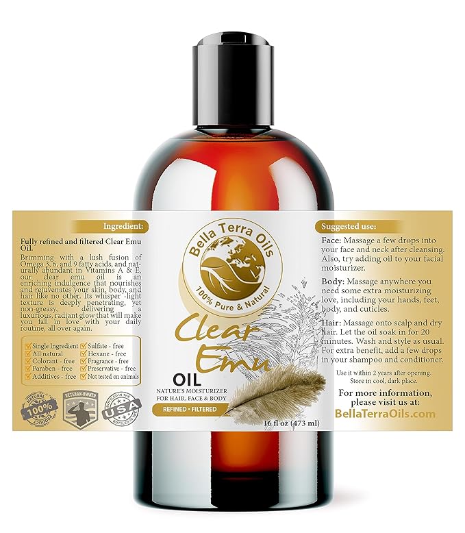 Bella Terra Oils - Clear Emu Oil 16oz - Ultra-Purified & Six-Times Refined, Rich in Omega-9, A Premium Choice for Skin & Hair Hydration