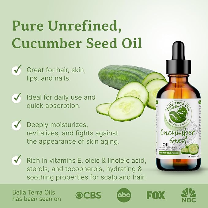 Bella Terra Oils - Cucumber Seed Oil 16oz - A Tribute to Cucumber's Vitality, Packed with Silica & Tocopherols, An Essential for Radiant Skin