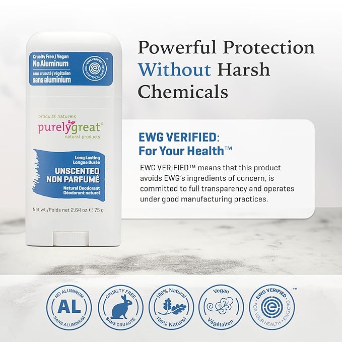 Purelygreat - Unscented Natural Deodorant Stick, Travel-Friendly Hygiene Essentials for Women, Natural Deodorant for Men Without Aluminum & Parabens, 2.64 oz / 75 g