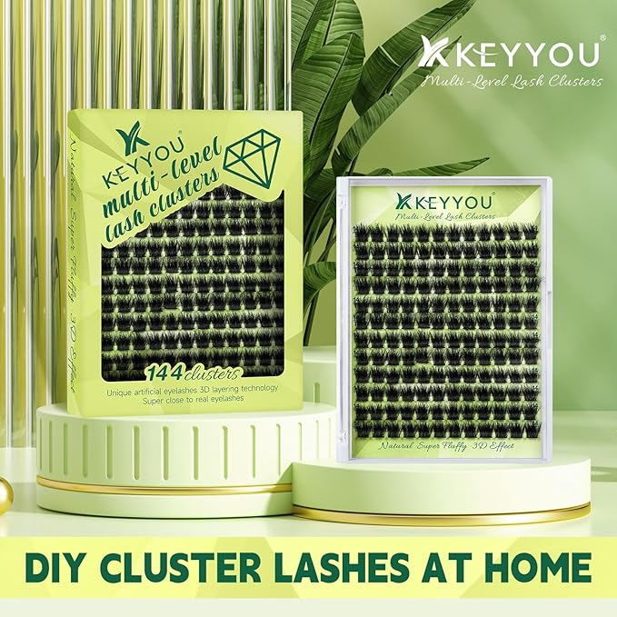 KEYYOU Lash Clusters 3D Effect Eyelash Clusters 144pcs D Curl PuffSilk V3D01 Wispy Lashes Cluster Lashes Natural Soft DIY Lash Extension at Home(PuffSilk V3D01-D-8-18MIX)