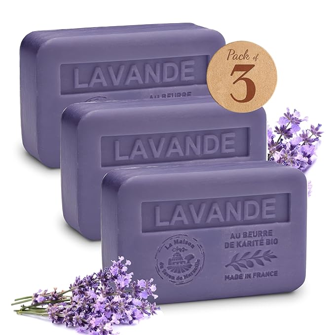 Lavender Soap Bars 3xPack – Enriched With Organic Shea Butter - 97% Natural Ingredients - Traditionally Made - French Milled in Provence - Gentle For Skin – 3x8.8 oz - La Maison Du Savon