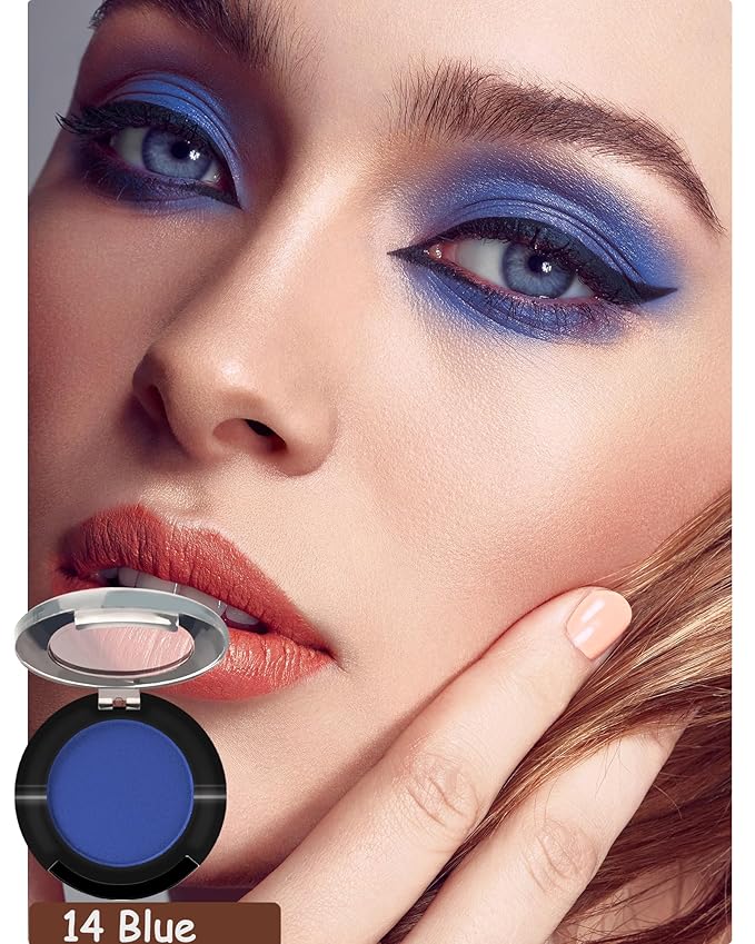 Single Matte Eyeshadow Palette, Blue Waterproof Long Lasting Eye Shadow for Older Women, Highly Pigmented Ultra-fine Smooth Eyeshadow Powder Makeup Gifts with Lightweight & Ultra-Blendable Formula-B14
