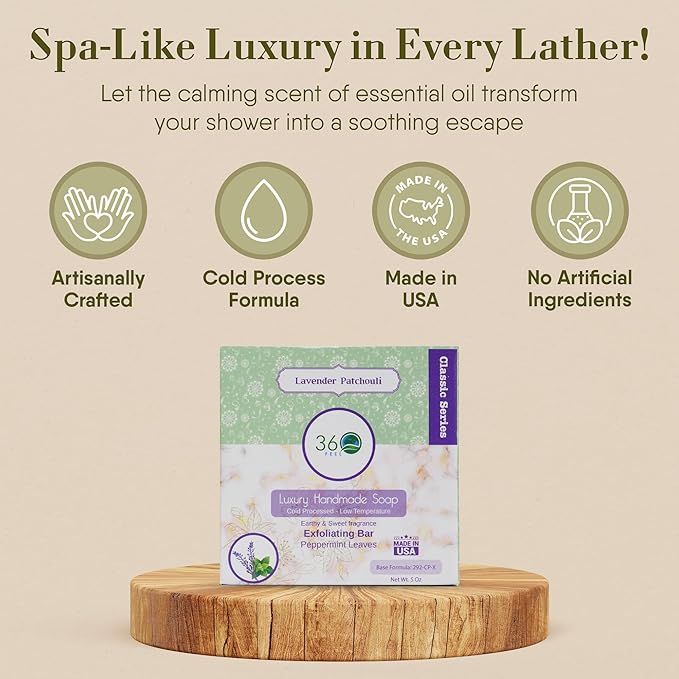 360Feel Lavender Patchouli Soap - Handcrafted Castile Soap Bar with Soothing Scent - Handmade with Essential Oil - Suitable Gift for Anniversaries, Weddings, and Holiday Stockings - Rich Lather