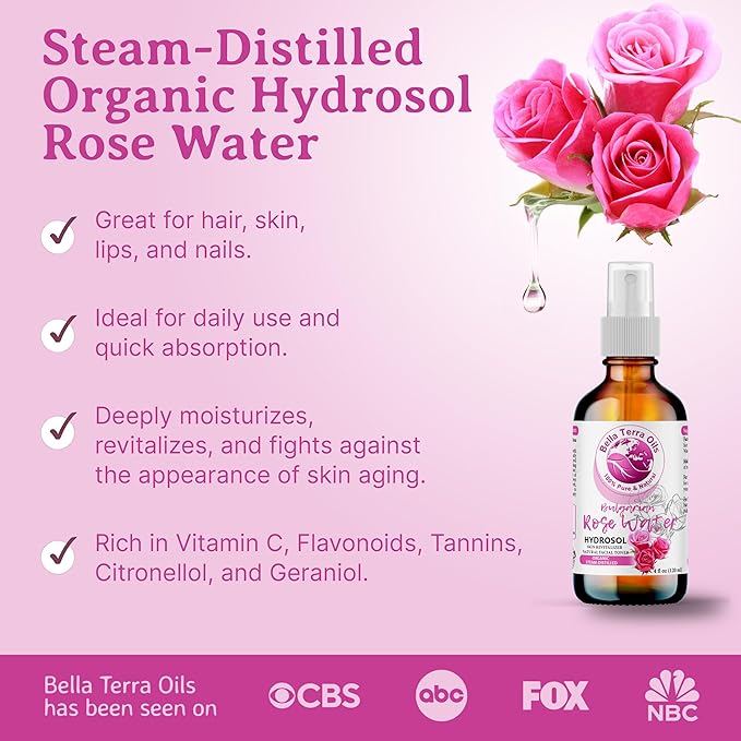 Bella Terra Oils - Organic Rose Water Mist 16oz - Infused with Authentic Rose Essence, Elevate Your Daily Beauty Ritual, Essential for Skin Hydration