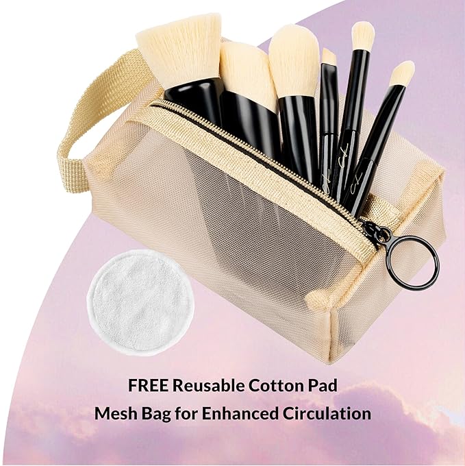 IN THE CLOUDS Travel Makeup Brushes Set + Case | Professional 7 Mini Foundation, Blush, Eyeshadow, Contour, Eyelining, Brow Brush | Short Handle Brush Set for Nearsighted | Soft for Sensitive Skin