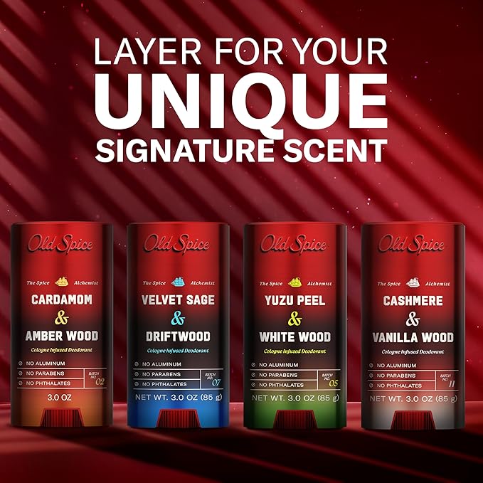 Old Spice Aluminum Free Deodorant for Men, The Spice Alchemist Collection, 24/7 Cologne Infused Scent, No Trade Off Formula, Free of Parabens & Phthalates, Cashmere + Vanilla Wood Scent, 3.0 oz