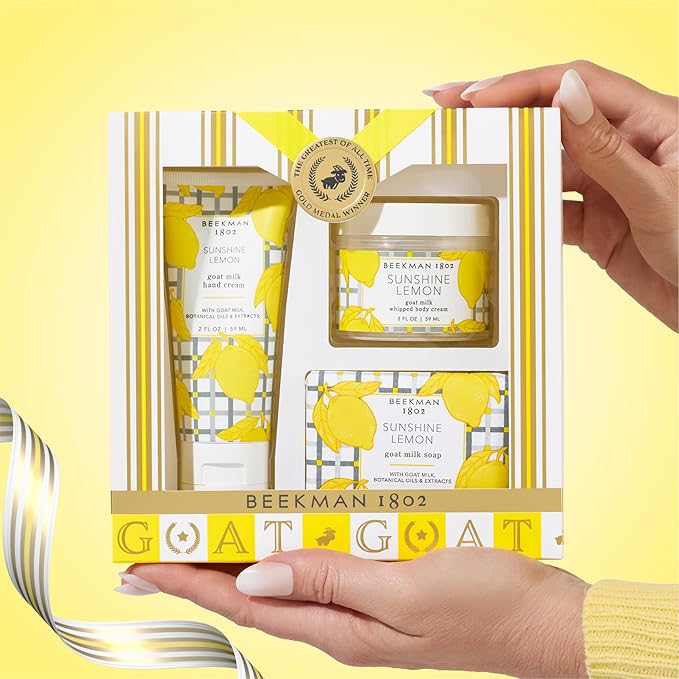 Beekman 1802 Best of the Zest Sunshine Lemon 3-Piece Bodycare Gift Set - Cleanses, Nourishes and Hydrates with Lactic Acid & Shea Butter, Good for Sensitive Skin, Gifts for Her