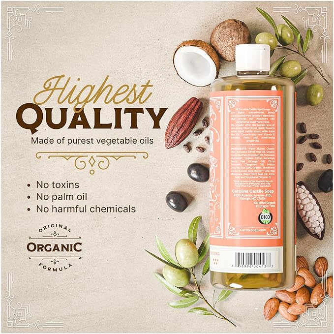 Carolina Castile Soap Orange Scent – Certified Organic Base, High Olive Oil Content, Non-Drying, Made with Organic Oils, Concentrated Natural Body Wash for Men and Women (Orange, 1 Gallon)
