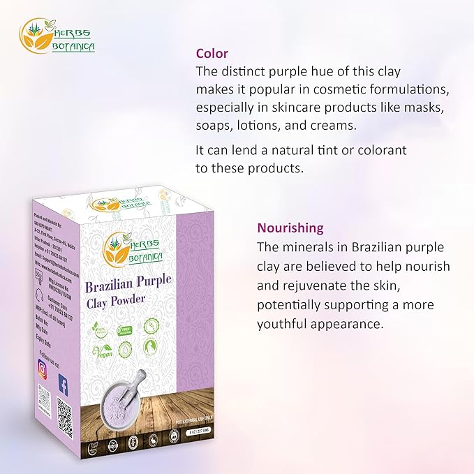Brazilian Purple Clay Powder Detoxify Skin & Hair Natural Beauty & Skincare DIY Clay for Soap, Facial Cleansing Mask, Bath Bombs, Body Wash Making 8 oz