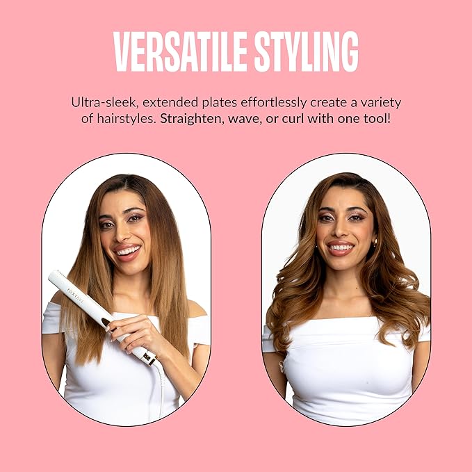 FoxyBae Trés Sleek Titanium Flat Iron Hair Straightener - Frizz-Free, Shinier & Smoother Hair - Dual Voltage Hair Styling Tools - w/LCD Display, Temperature Control, Auto Shut-Off 1" [Pearl Gold]
