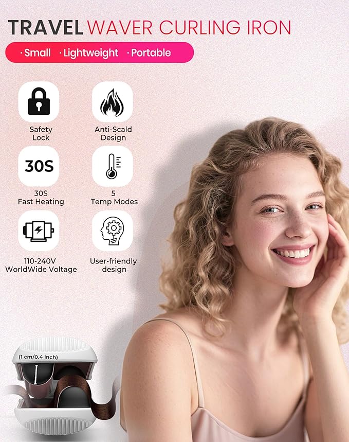 Mini Waver Crimper Hair Tool for Women Short Hair Travel 0.4 inch Double Barrel Small S Waver Curling Iron Dual Voltage (110-240V) with European Plug Adapter, 5 Temps for Dating, Daily (White Gold)