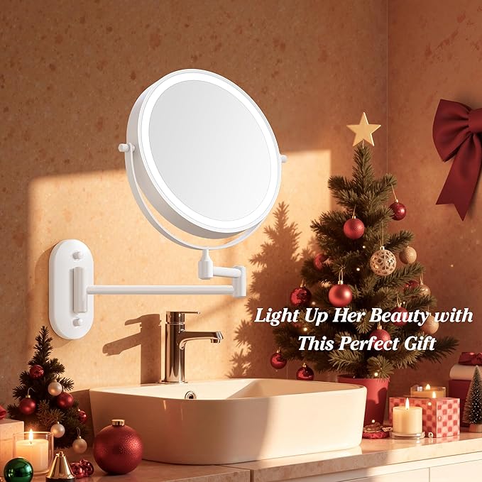 Auxmir 1X/30X Wall Mounted Makeup Mirror with Light, 8" Rechargeable Double-Sided Magnifying Mirror, Vanity Mirror Dimmable 3 Color Light, 360° Extension Rotation Foldable 14.5 Inch Arm, White