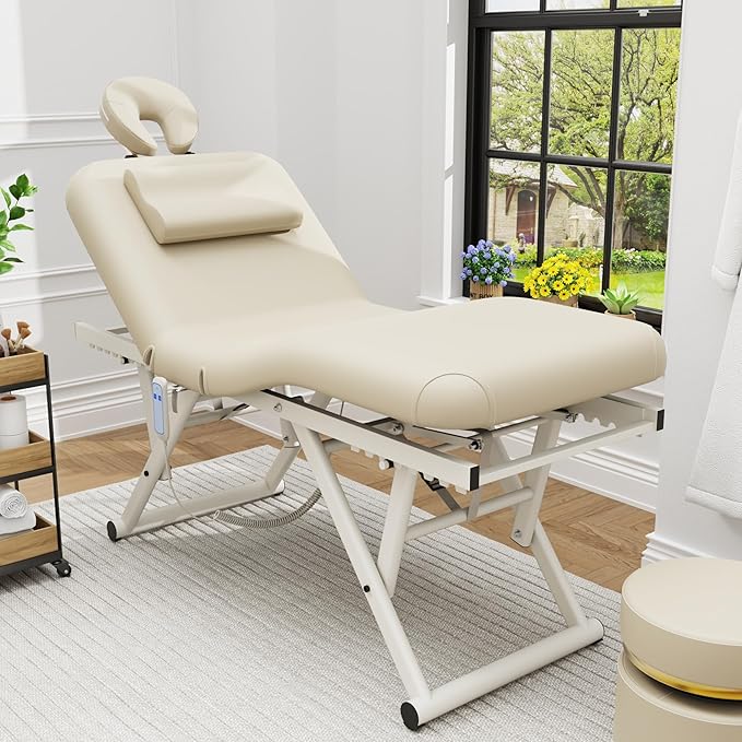 Adjustable Massage Table with Face Pillow & Headrest, Silent and Easy to Adjust for Treatment Table Physical Therapy Table Spa Facial Bed - Adjustable Backrest, Electric Leg Lifting, Beige Gray