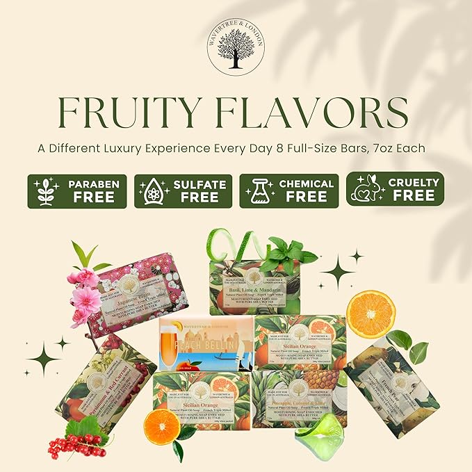 Wavertree & London Assorted Fruity Scents Natural Soap Bars (Pack of 8), 7oz Moisturizing Triple Milled Soap Bars Enriched with Shea Butter and Pure Plant Oils | All Body & Bath Soap
