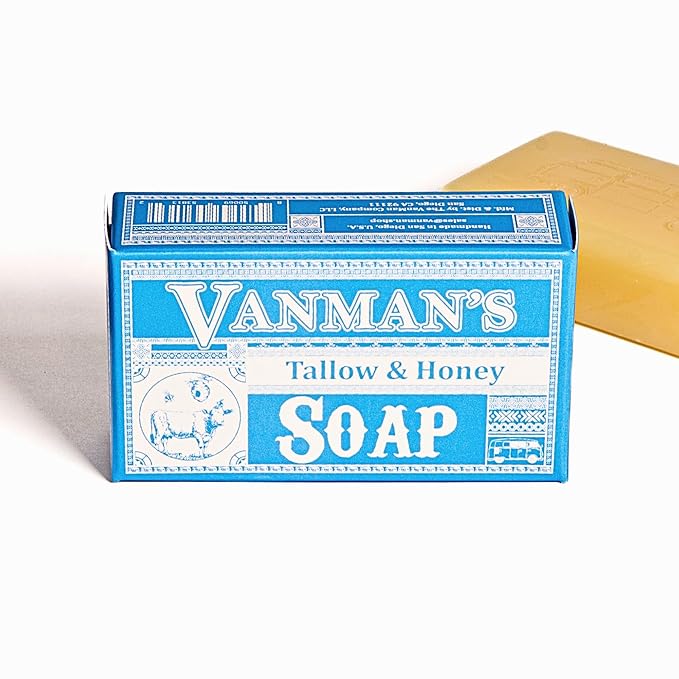 VanMan Beef Tallow and Honey Bar Soap – Pure Grass-Fed Beef Tallow for Skin with Raw Honey & Distilled Water, Unscented Soap, Hydrating & Nourishing, Clean Ingredients, 3.8oz - 3 Pack