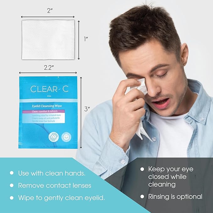 Clear C Eyelid Wipes Pre-Moistened for Dry Eyes – Rinse Free Eye Lid Cleaning – Individually Wrapped Travel Eye Wipes, 3 Boxes of 30