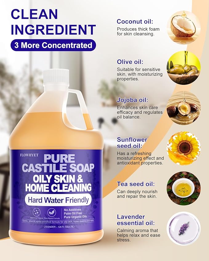 Pure Castile Soap Liquid Lavender 1 Gallon (128 fl oz) Refill – Natural Organic Body Wash, Hard Water Friendly Bath Soap Liquid for Oily Skin,Body,Face, Laundry & Home Cleaning