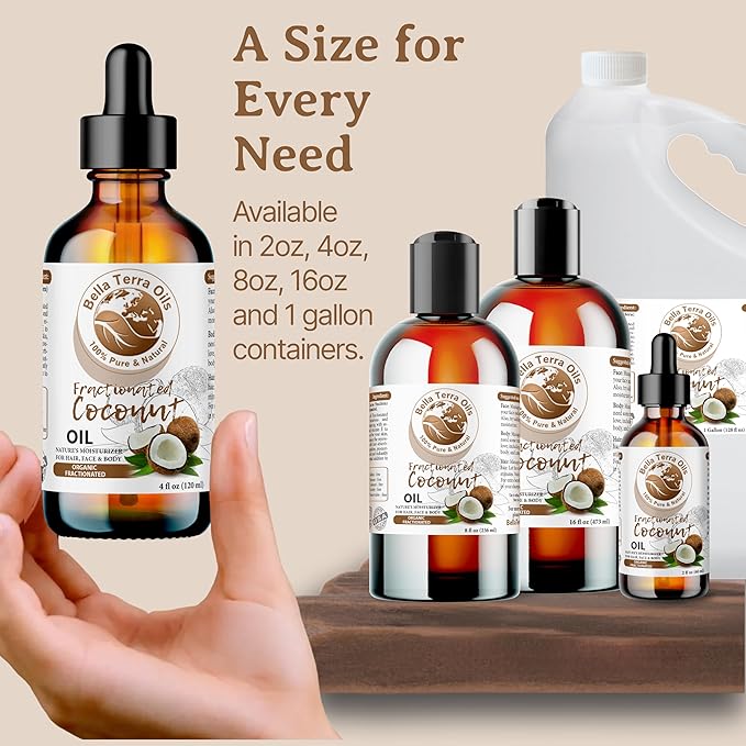 Bella Terra Oils - Organic Fractionated Coconut Oil 8oz - Celebrate the Coconut’s Liquid Gold, Infused with Antioxidants & Vitamins, A Precious Body Moisturizer