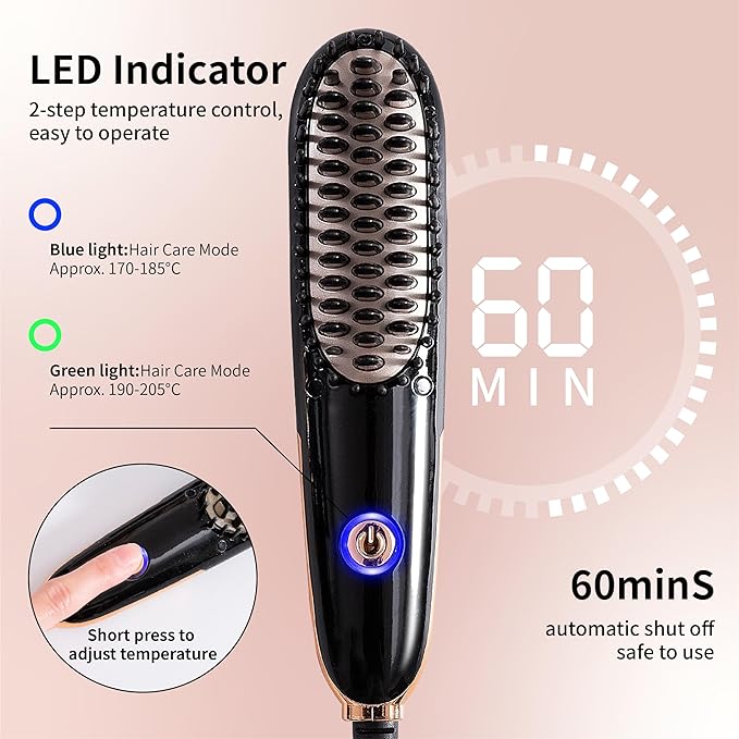 Mini Hair Straightening Iron with Built-in Comb for Travel, Portable Hair Straightener Brush, Ionic Hot Comb Straightener for Women (Black)