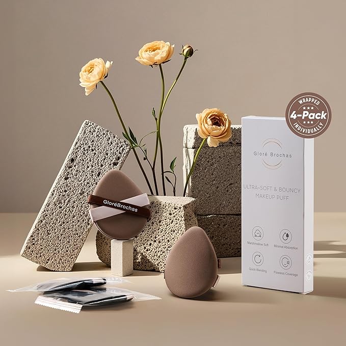 Makeup Sponge Set, GloréBrochas 4PCS Micro Porous Foundation Sponge, Latex-Free PU Makeup Puff, Low Absorption 3.2 Inch Soft Dual-Sided Foundation Puff, Individually Wrapped