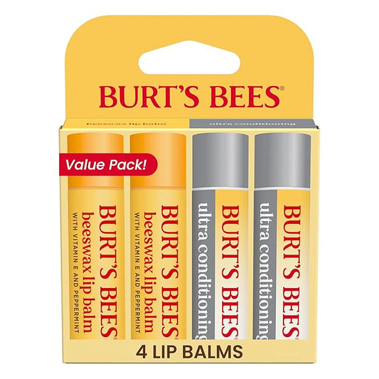 Burt's Bees Back to School Gift Ideas, Lip Balm Beeswax and Ultra Conditioning Lip Balm Pack, Hydrating Lip Moisturizer with Kokum and Shea Butter, Natural Origin Lip Care, 4 Tubes, 0.15oz.