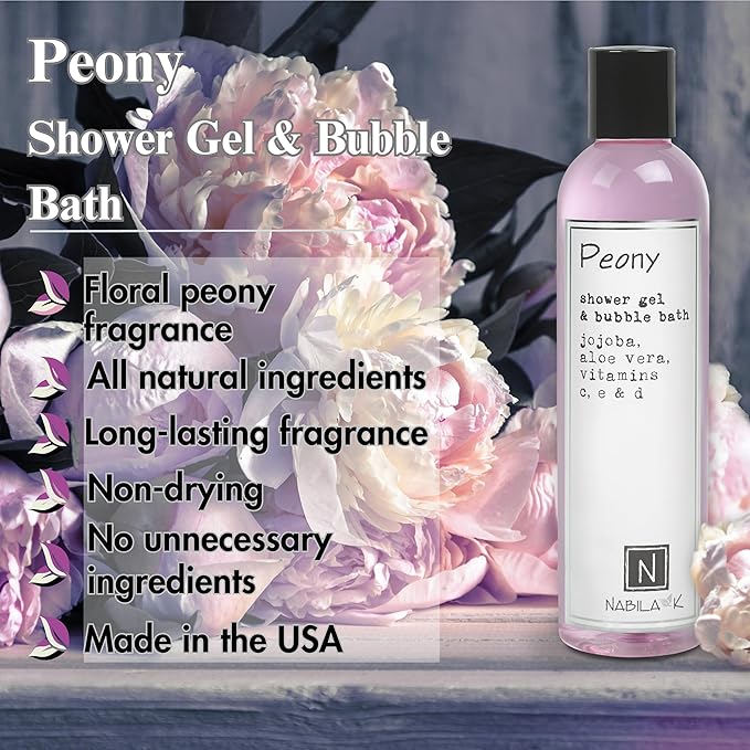Nabila K Peony Shower Gel & Bubble Bath, 2.4 oz – Non-Drying Body Wash with Jojoba, Aloe Vera & Vitamins – Naturally-Derived, Sulfate-Free – Made in USA – For Men & Women