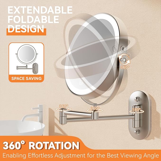 Auxmir 8'' Wall Mounted Lighted Makeup Mirror, 3200mAh Rechargeable Double-Sided 1X/20X Magnifying Mirror with Light, Touch Dimmable 3 Color Light, 360° Rotation Foldable Extended Arm, Nickel