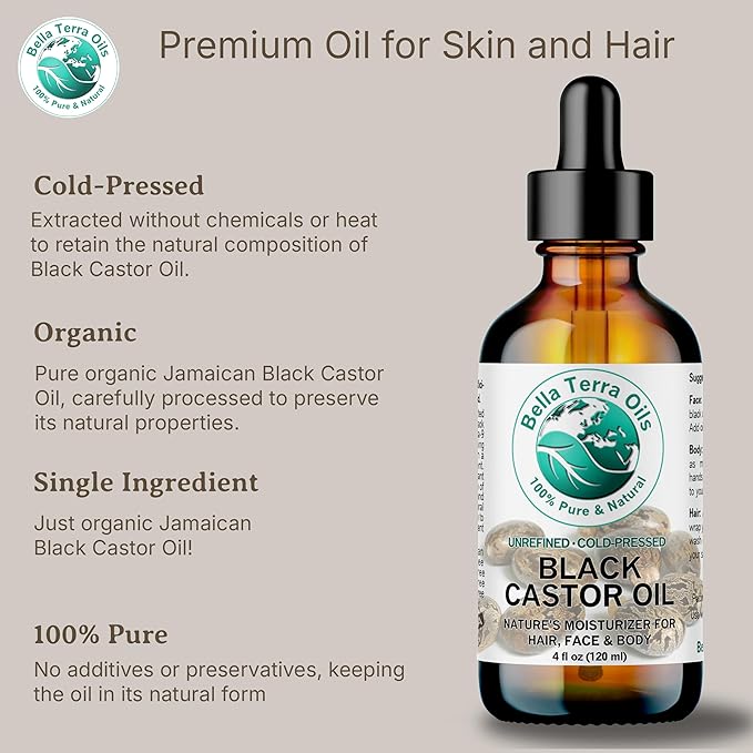 Bella Terra Oils - Black Castor Oil 8 oz - Dive into the Essence of Cold-Pressed Nourishment, Abundant in Essential Vitamins