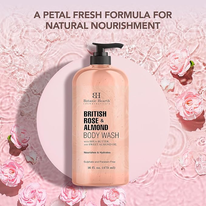 Botanic Hearth British Rose & Almond Body Wash – Moisturizing Shower Gel with Shea Butter, Gentle Hydrating Cleanser, Sulfate & Paraben Free – 16 fl oz