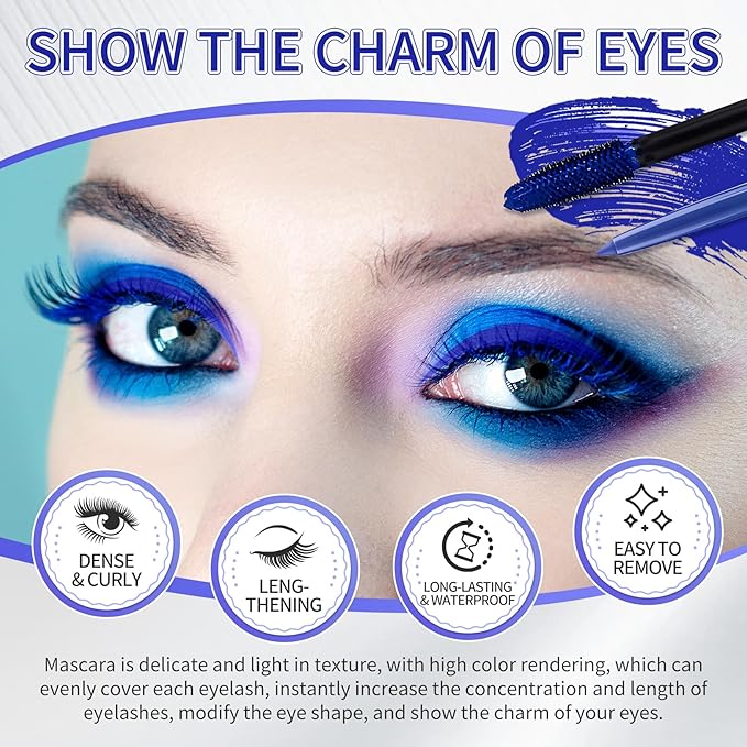 Blue Mascara and Eyeliner Set,5D Colored Mascara Volume and Length Waterproof,Natural Curling Lengthening,Suitable for Women Eye Makeup